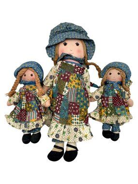 3 Vintage Knickerbocker Holly Hobbie Rag Dolls Braided Hair Patchwork 9" 15"